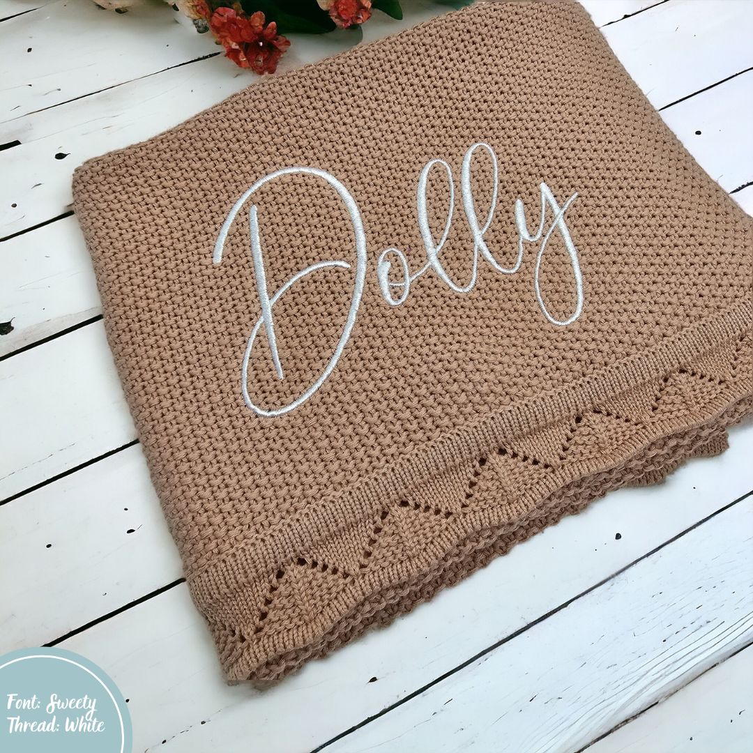 Peach Pink Crochet Knit Blanket personalised with baby or child name embroidery
