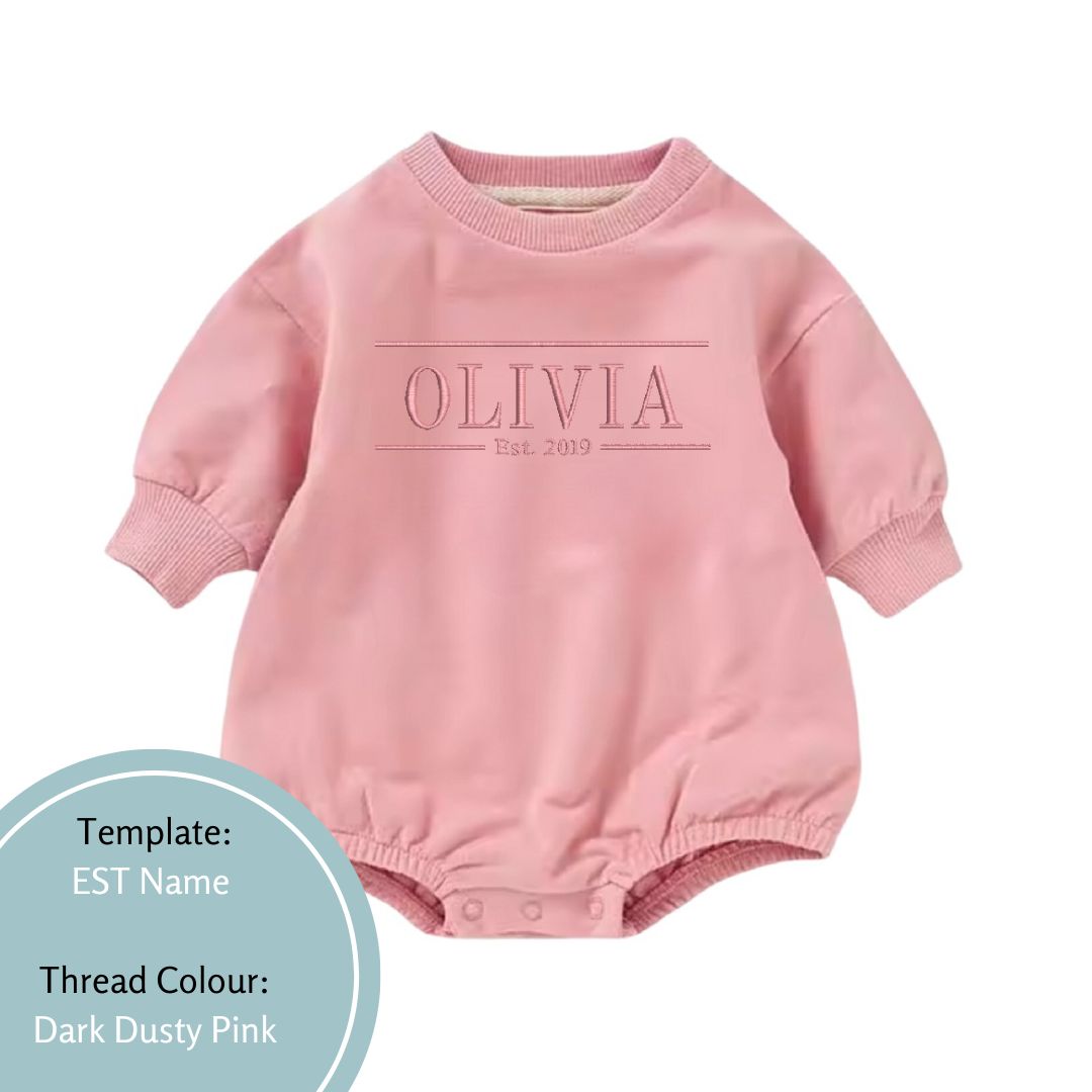 pink baby romper embroidered with a name and est date using a pink colour thread