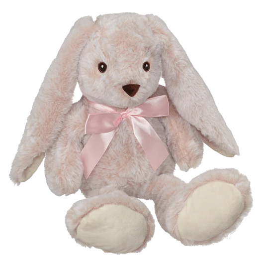 Plush bunny toy with a pink bow on a white background