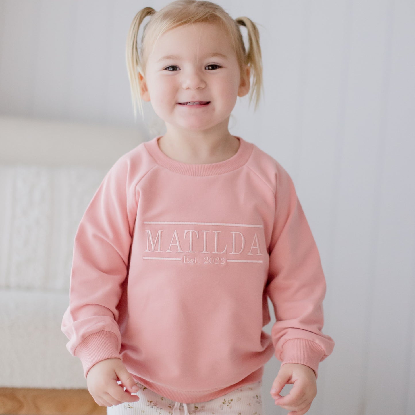 Baby and Kids Pink Crewneck Jumper embroidered with name and EST Date