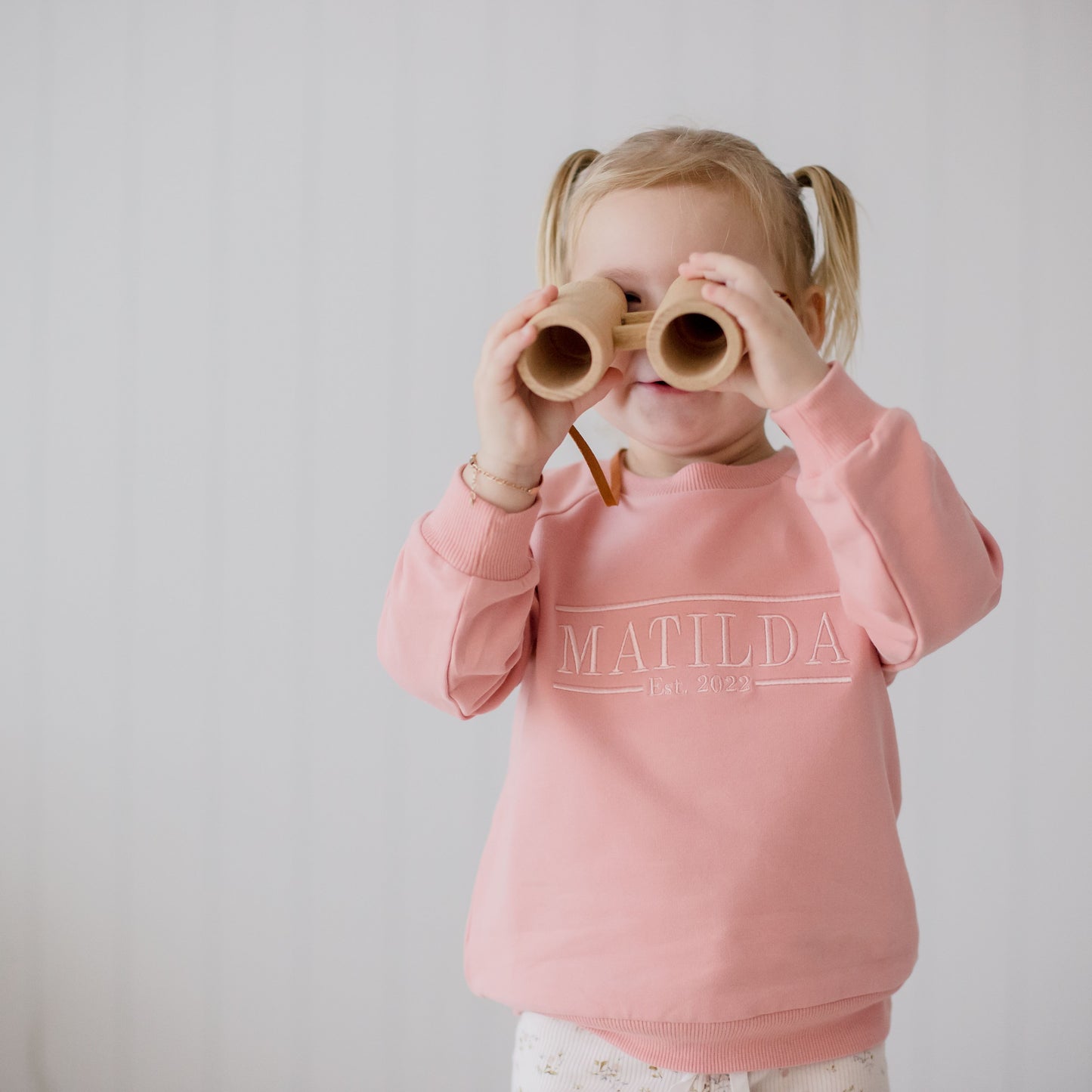 Baby and Kids Pink Crewneck Jumper embroidered with name and EST Date