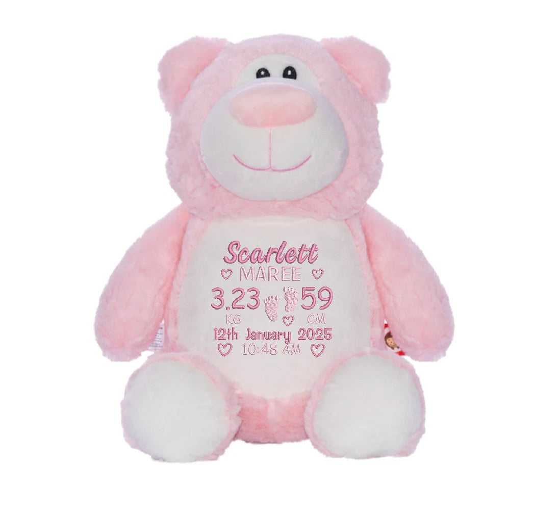 Pink fluffy cubby teddy personalised with embroidered birth block