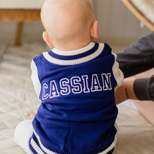 Royal Blue Baby and Kids Varsity College Jackets personalised with Embroidery