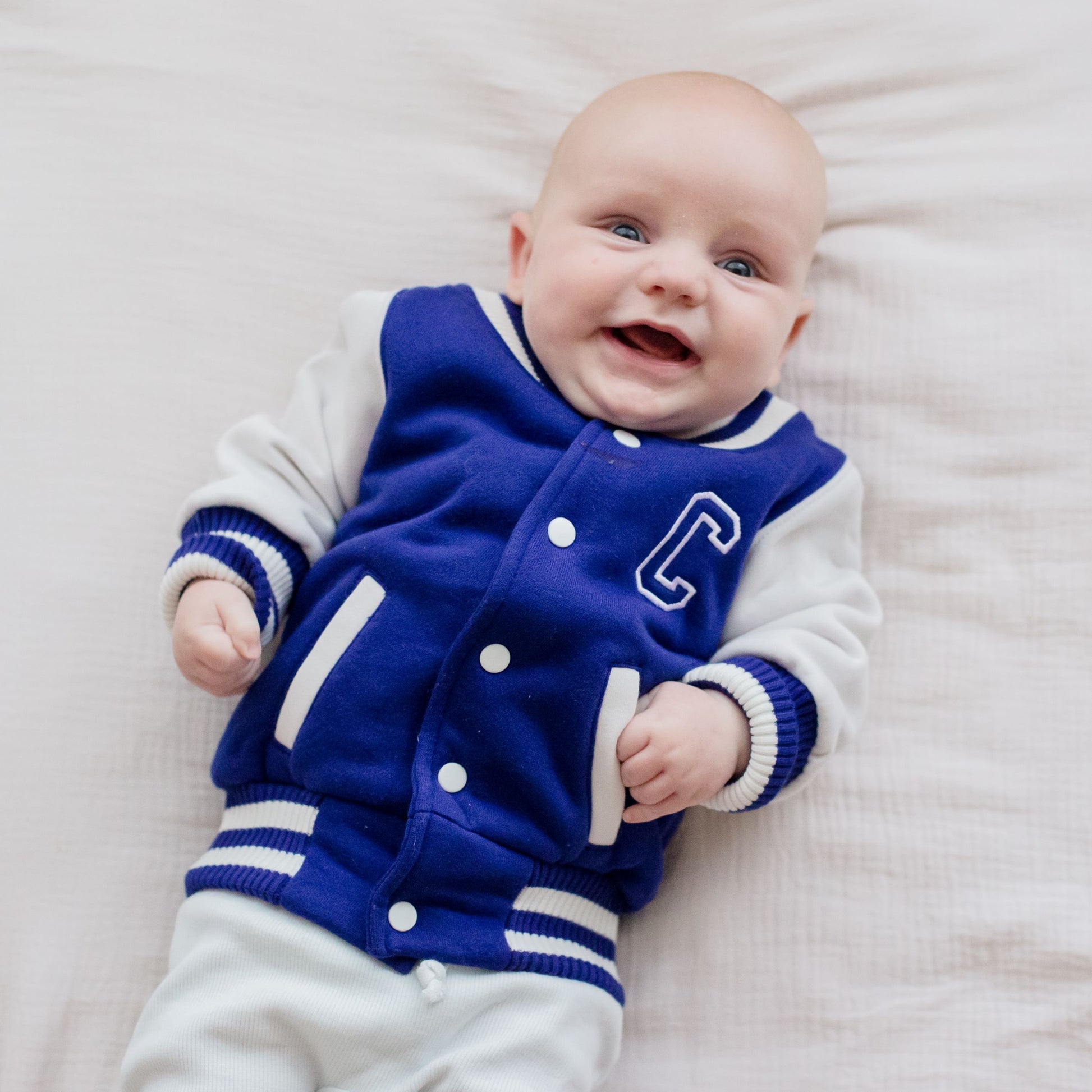 Royal Blue Baby and Kids Varsity College Jackets personalised with Embroidery