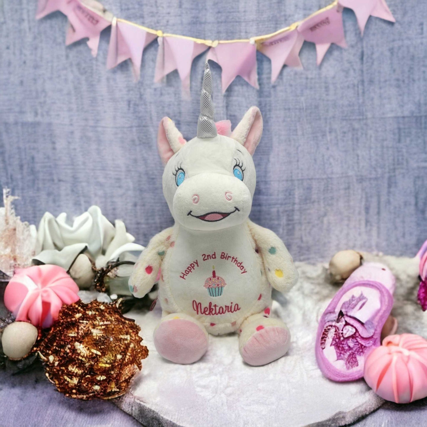 Spotty Unicorn Cubby personalised with Birthday cupcake