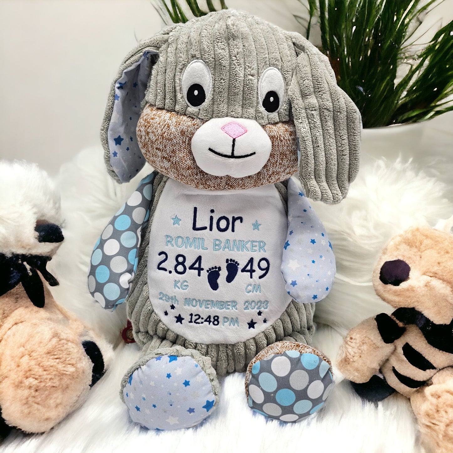 Starry Night Bunny cubby Teddy personalised with embroidery birth details