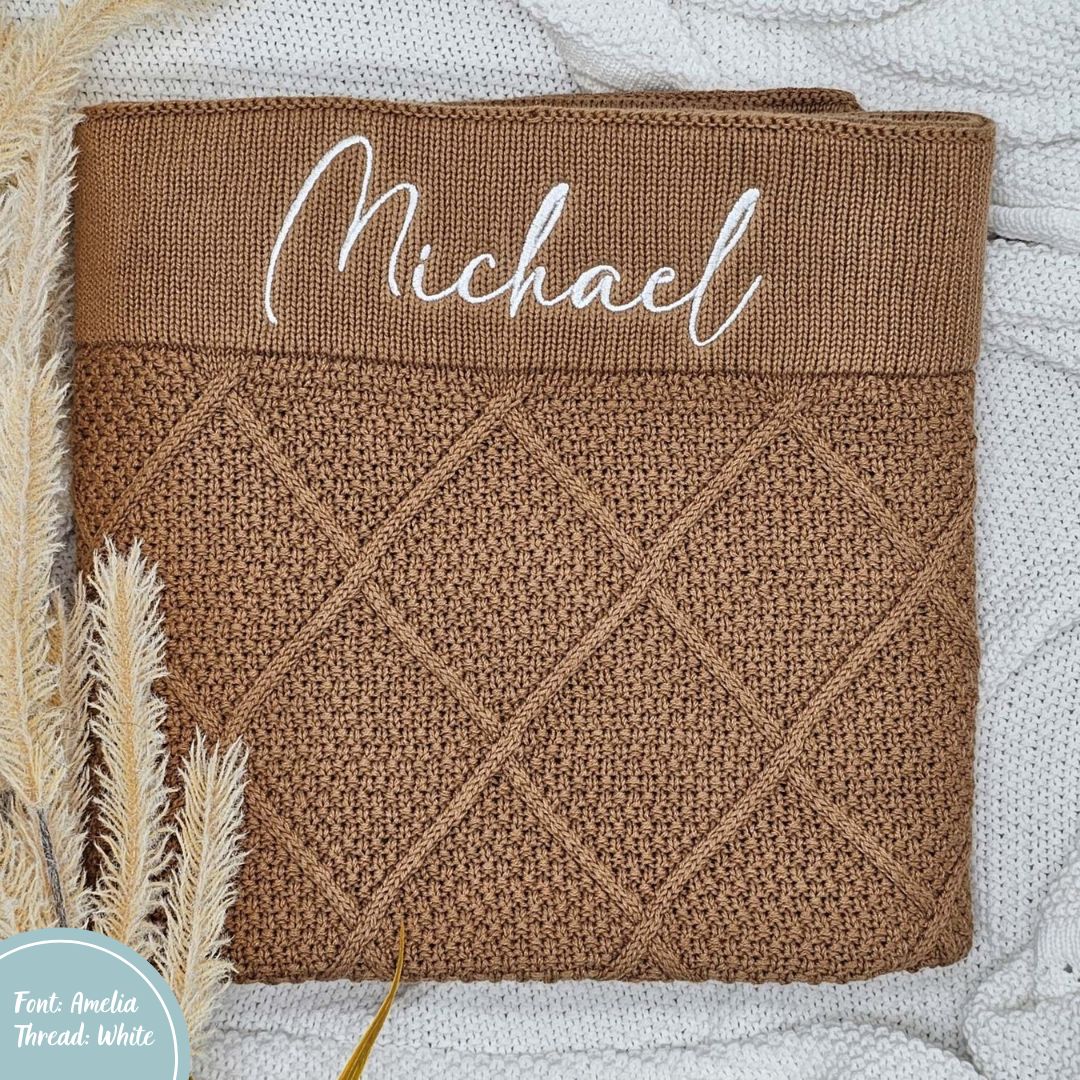 Tan Brown Personalised Diamond Knit Baby Blanket personalise newborn name with embroidery