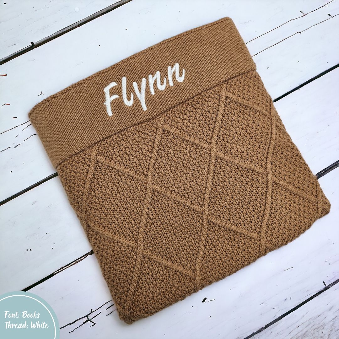Tan Brown Personalised Diamond Knit Baby Blanket personalise newborn name with embroidery