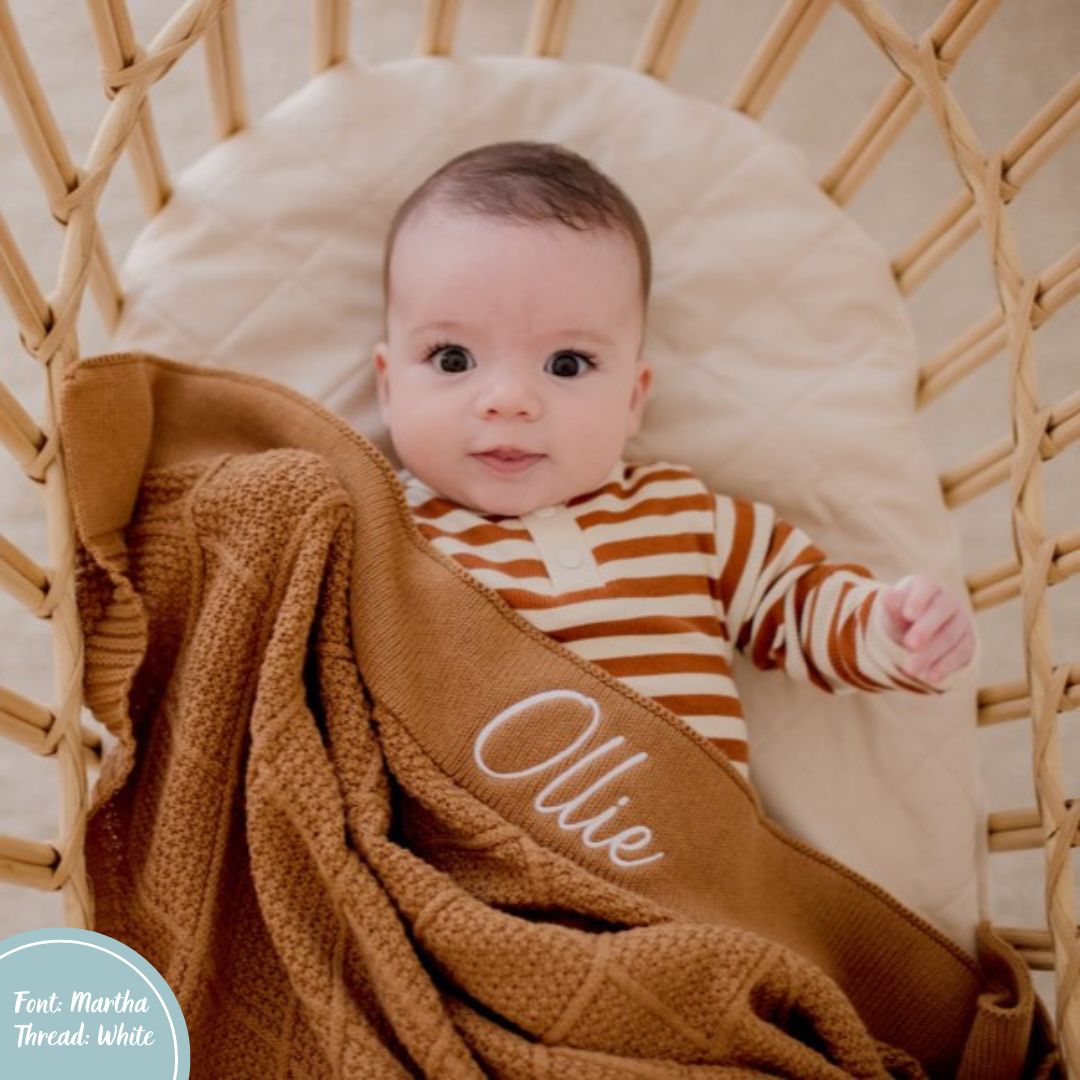 Tan Brown Personalised Diamond Knit Baby Blanket personalise newborn name with embroidery