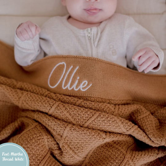 Tan Brown Personalised Diamond Knit Baby Blanket personalise newborn name with embroidery