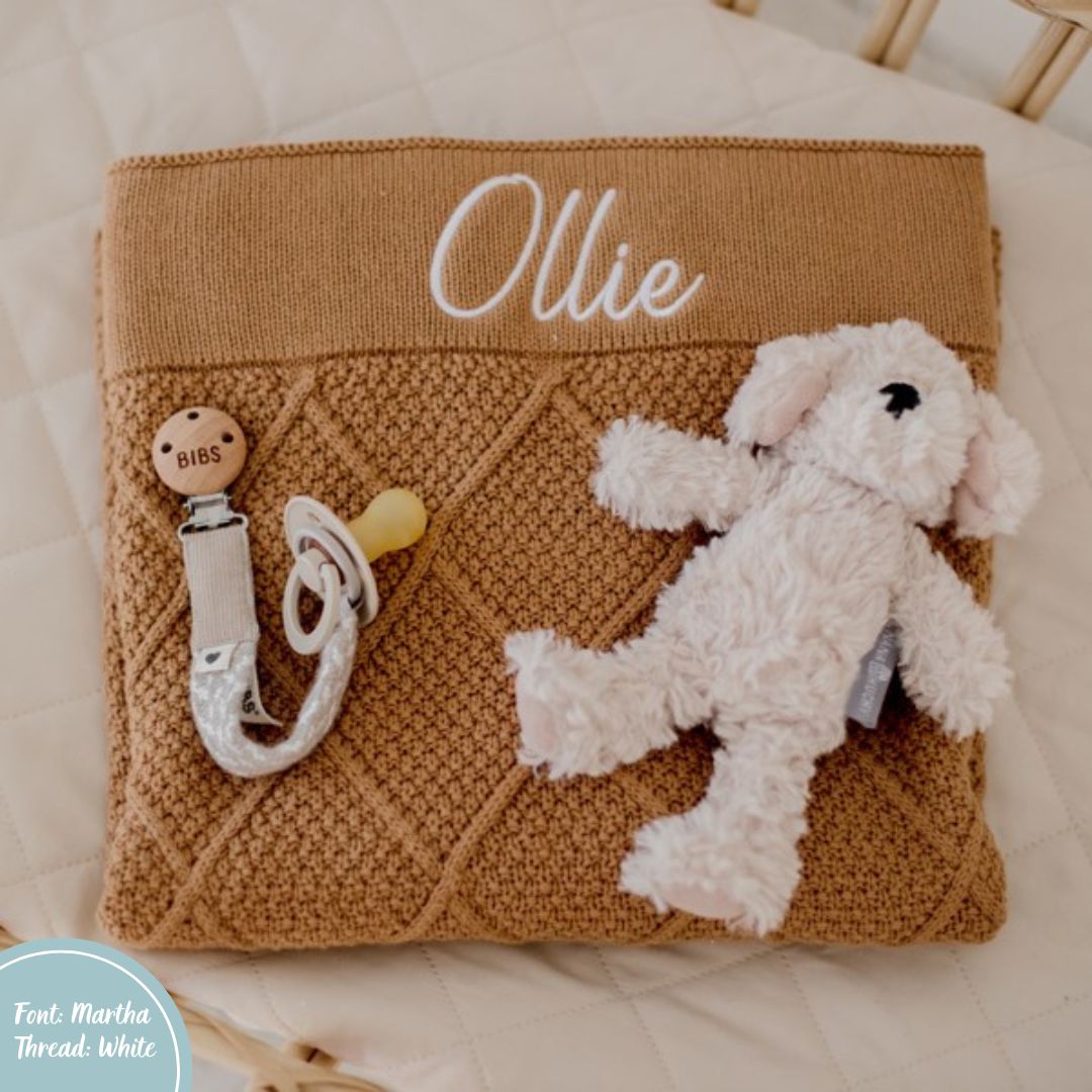 Tan Brown Personalised Diamond Knit Baby Blanket personalise newborn name with embroidery