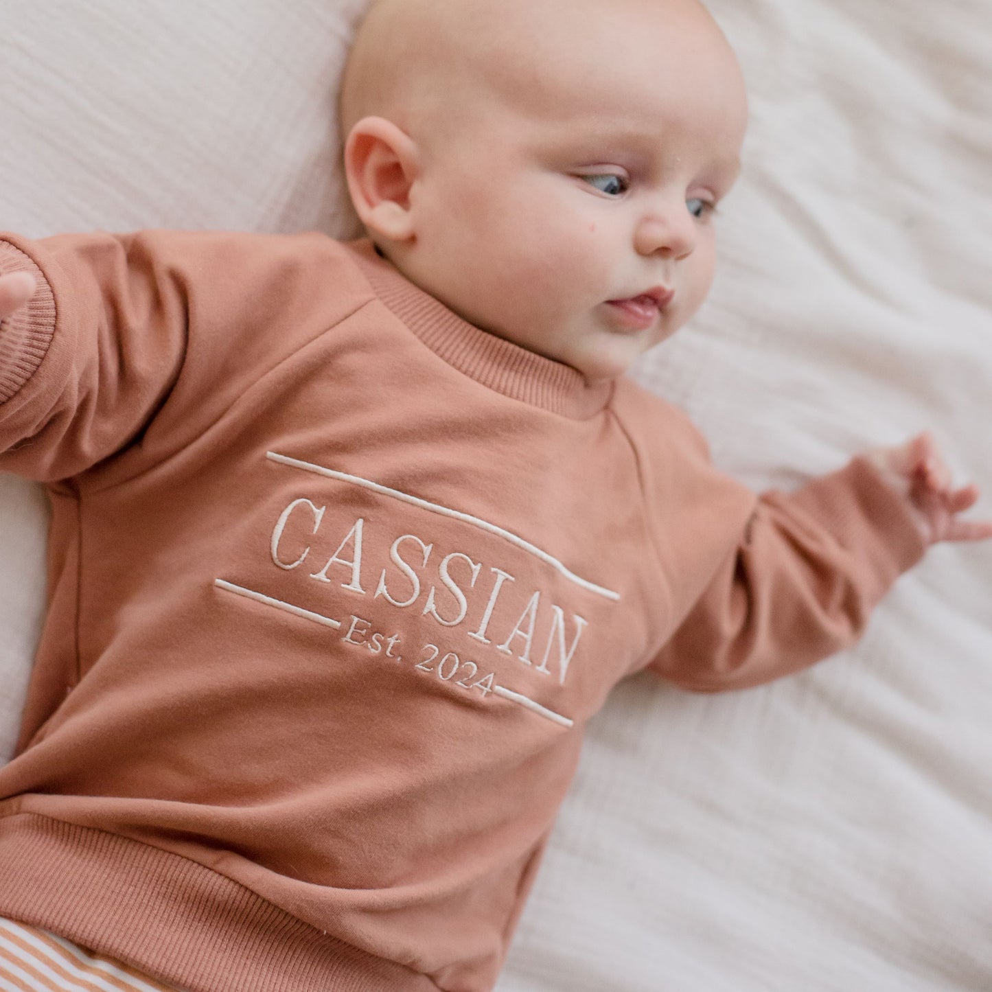 Baby and Kids Tan Crewneck Jumper embroidered with name and EST Date