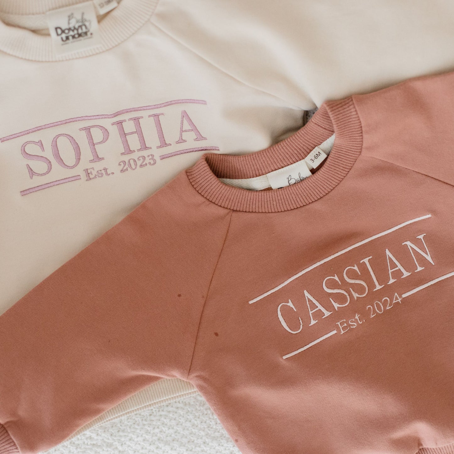 Baby and Kids Beige Crewneck Jumper embroidered with name and EST Date