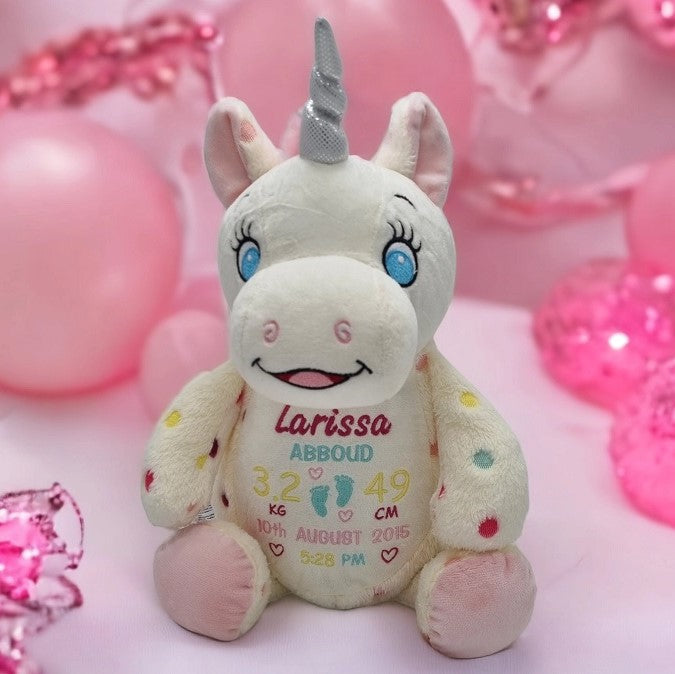 Personalised spotty unicorn Cubby Teddy personalise name with embroidery