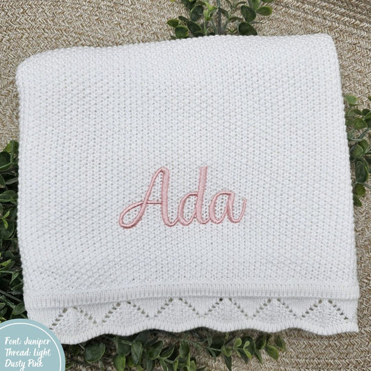 White Crochet Knit Blanket personalised with name embroidery
