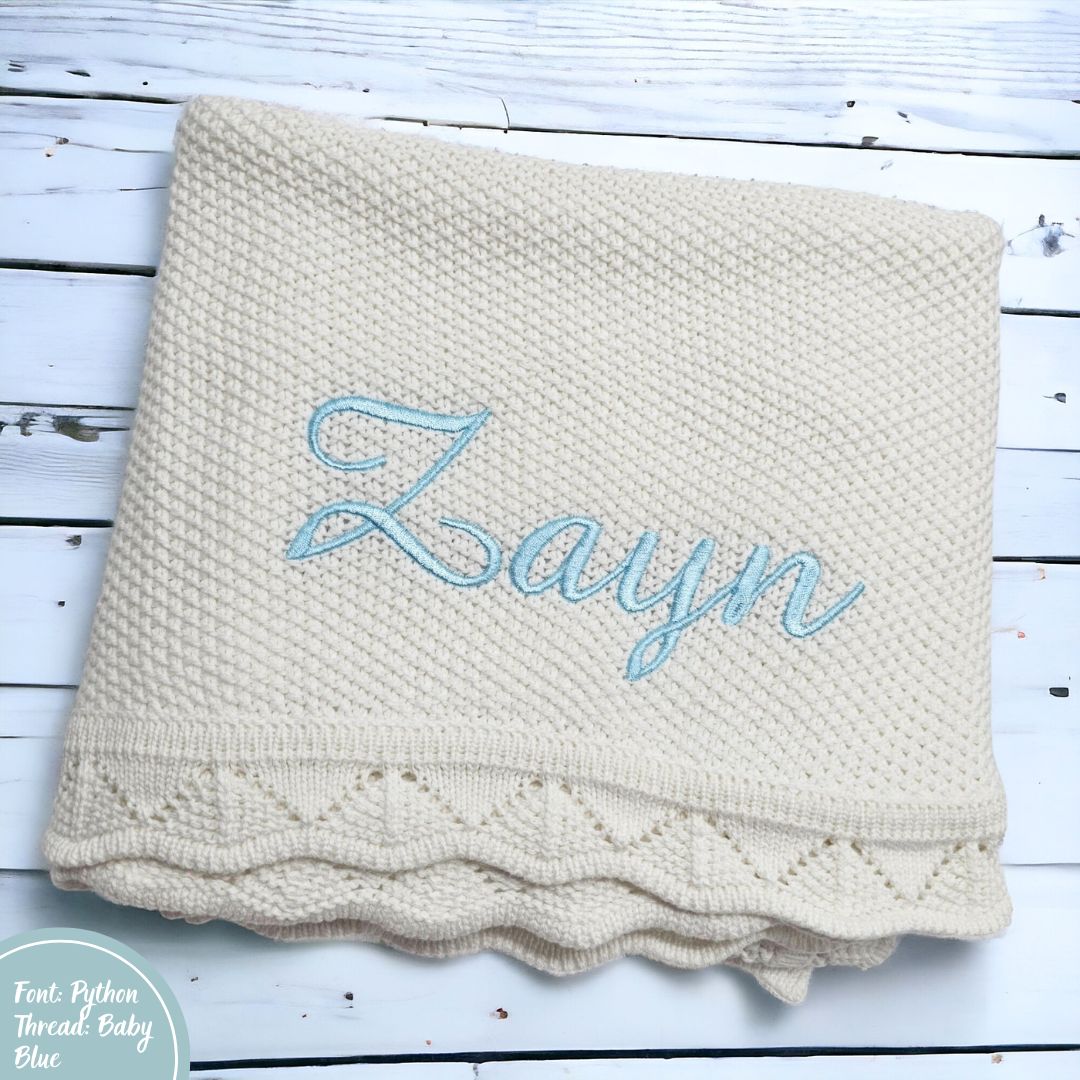 White Crochet Knit Blanket personalised with name embroidery