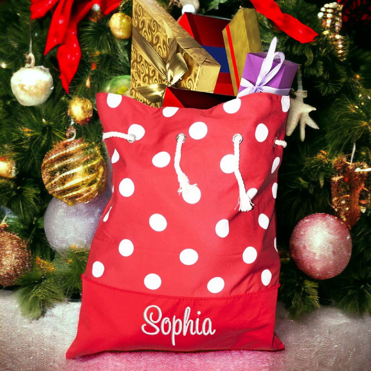 White Polka Dot Santa Sack personalised with embroidered name