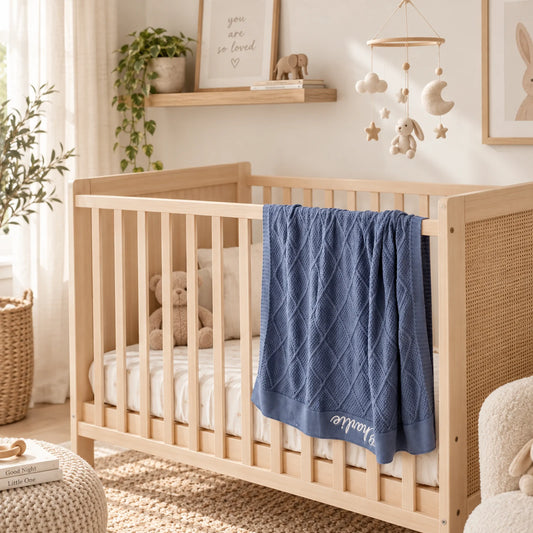 An ocean blue diamond knit blanket with the name embroidered draped over a cot