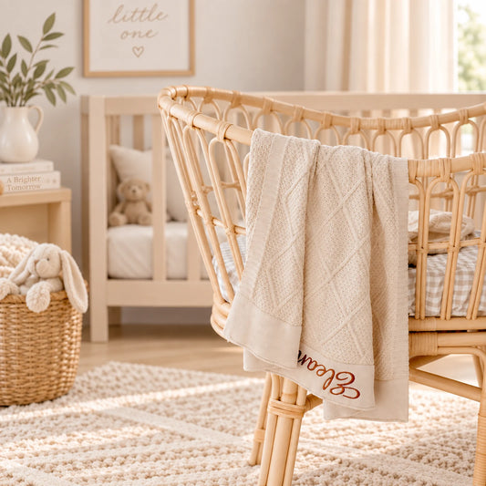 A cream-colored textured baby blanket with a diamond knit pattern and embroidered 'Eleanor' in brown script, draped over a light natural rattan bassinet in a softly lit nursery.