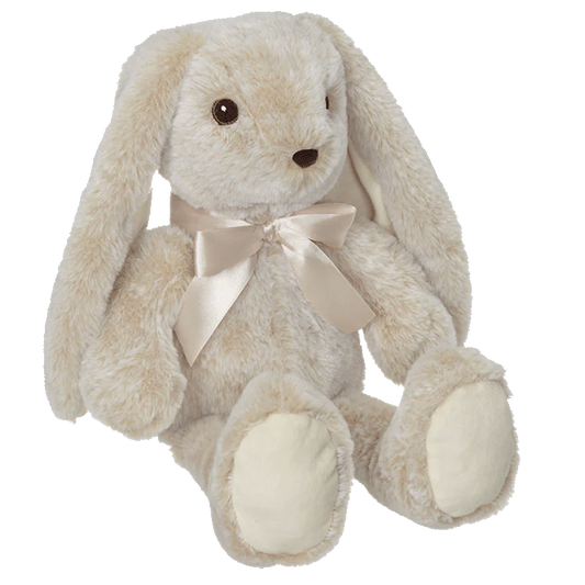 Plush bunny toy with a bow on a white background