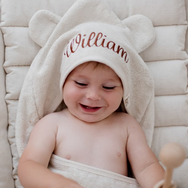 Ivory Hooded baby bath towel personalised name with brown thread embroidered