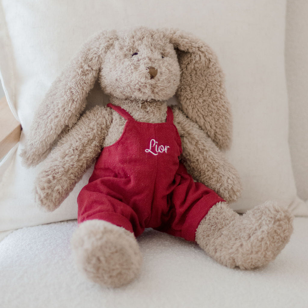 Stuffed bunny toy in a red outfit with 'Lion' on it, sitting on a white surface.