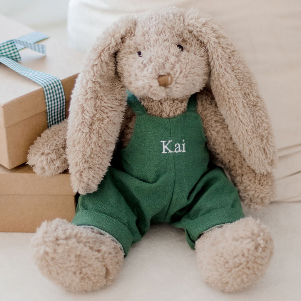 Stuffed animal in green overalls with 'Kai' embroidered on it, sitting on a white surface.