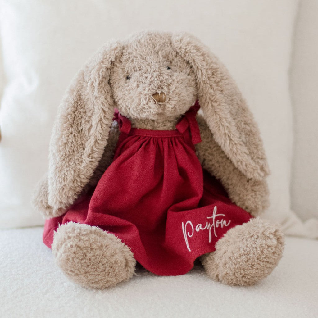 Stuffed bunny toy wearing a red dress with 'Payton' on a white background