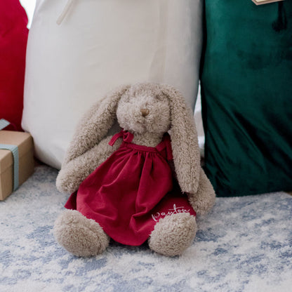 Nana Huchy Christmas bunny wearing a ruby red dress