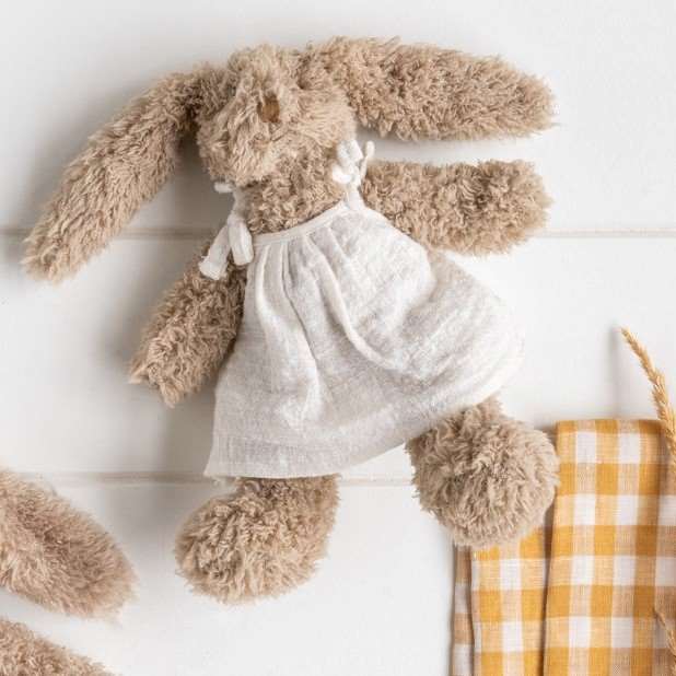 Nana Huchy Baby Girl Honey Bunny wearing a white dress personalise baby name with embroidery