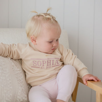 Baby and Kids Beige Crewneck Jumper embroidered with name and EST Date