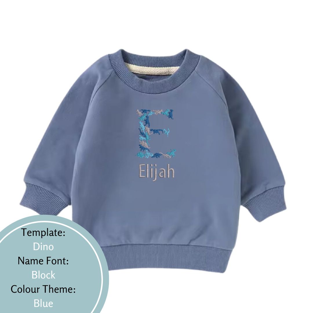 blue baby and toddler crewneck embroidered with a dinosaur name design using a blue colour theme