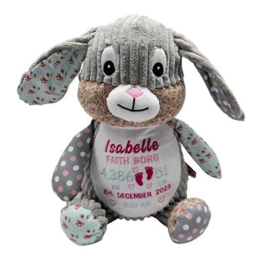 Personalised chic bunny cubby personalised with embroidered birth block