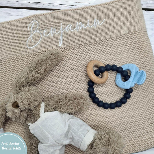Beige Oatmeal Personalised Cotton Knit Baby Blanket personalise newborn name with embroidery