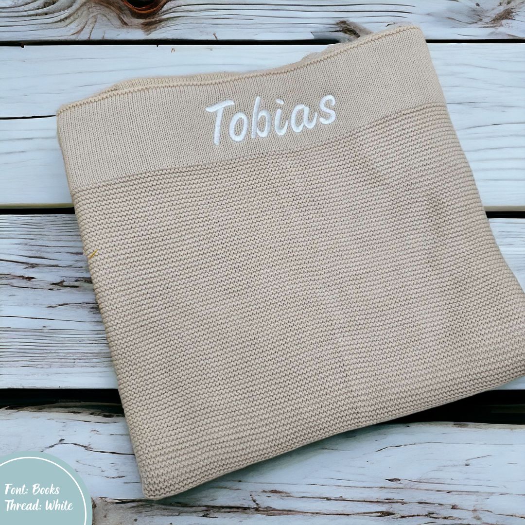 Beige Oatmeal Personalised Cotton Knit Baby Blanket personalise newborn name with embroidery