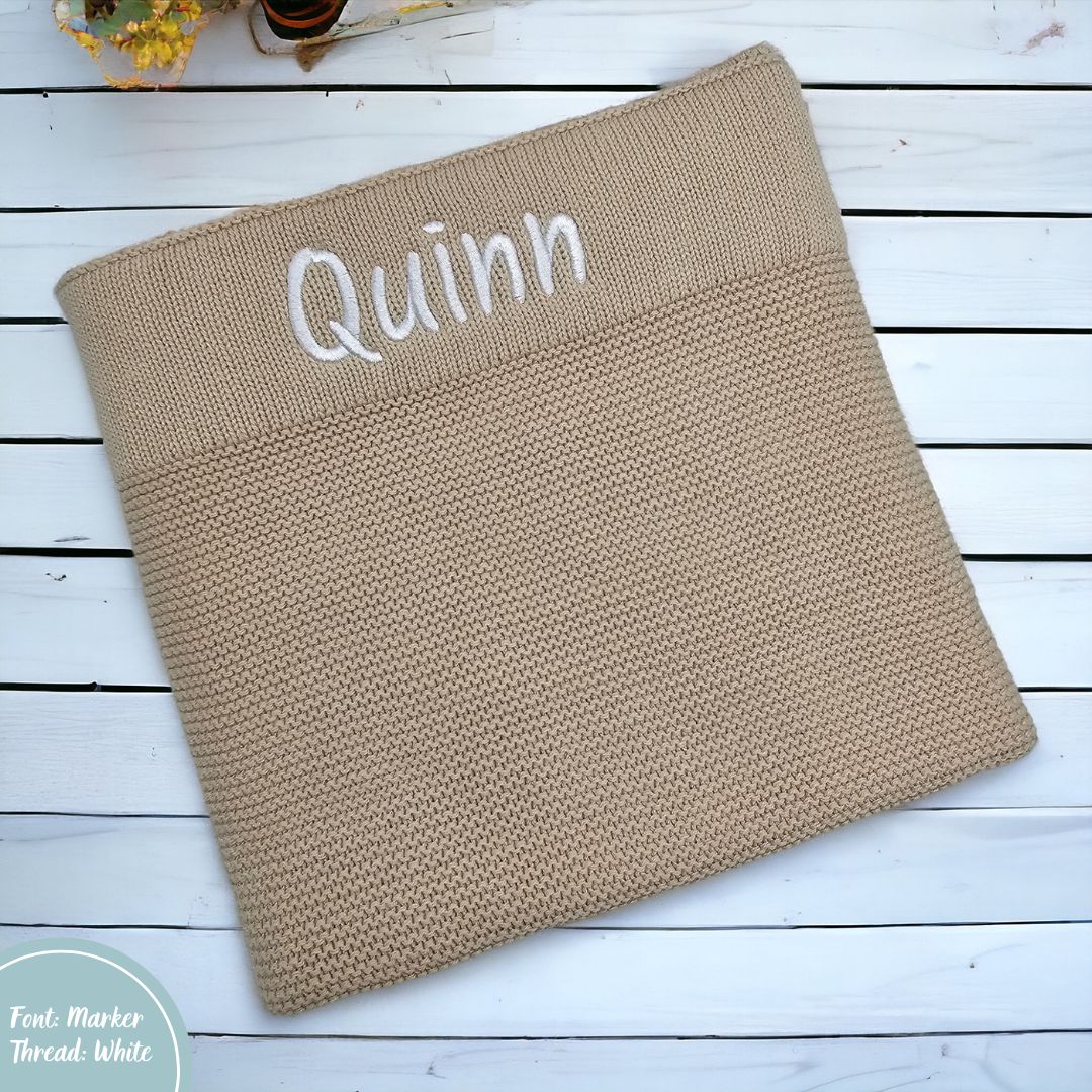 Beige Oatmeal Personalised Cotton Knit Baby Blanket personalise newborn name with embroidery
