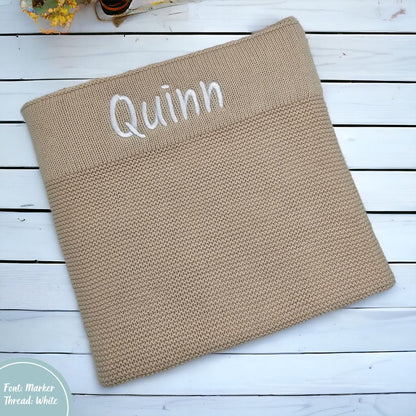 Beige Oatmeal Personalised Cotton Knit Baby Blanket personalise newborn name with embroidery