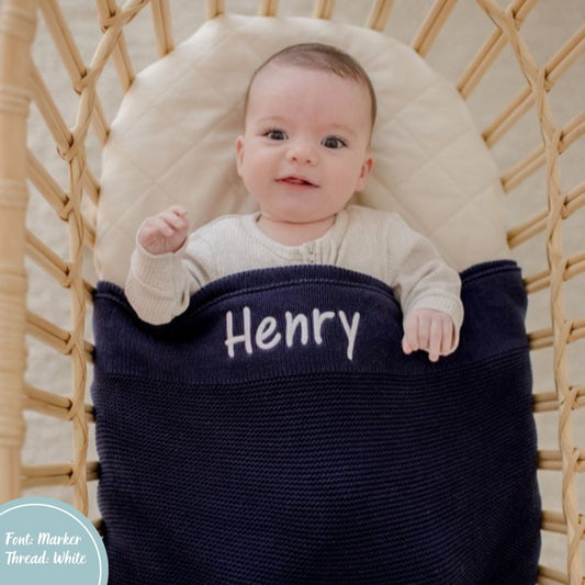 Navy Blue Personalised Cotton Knit Baby Blanket personalise newborn name with embroidery