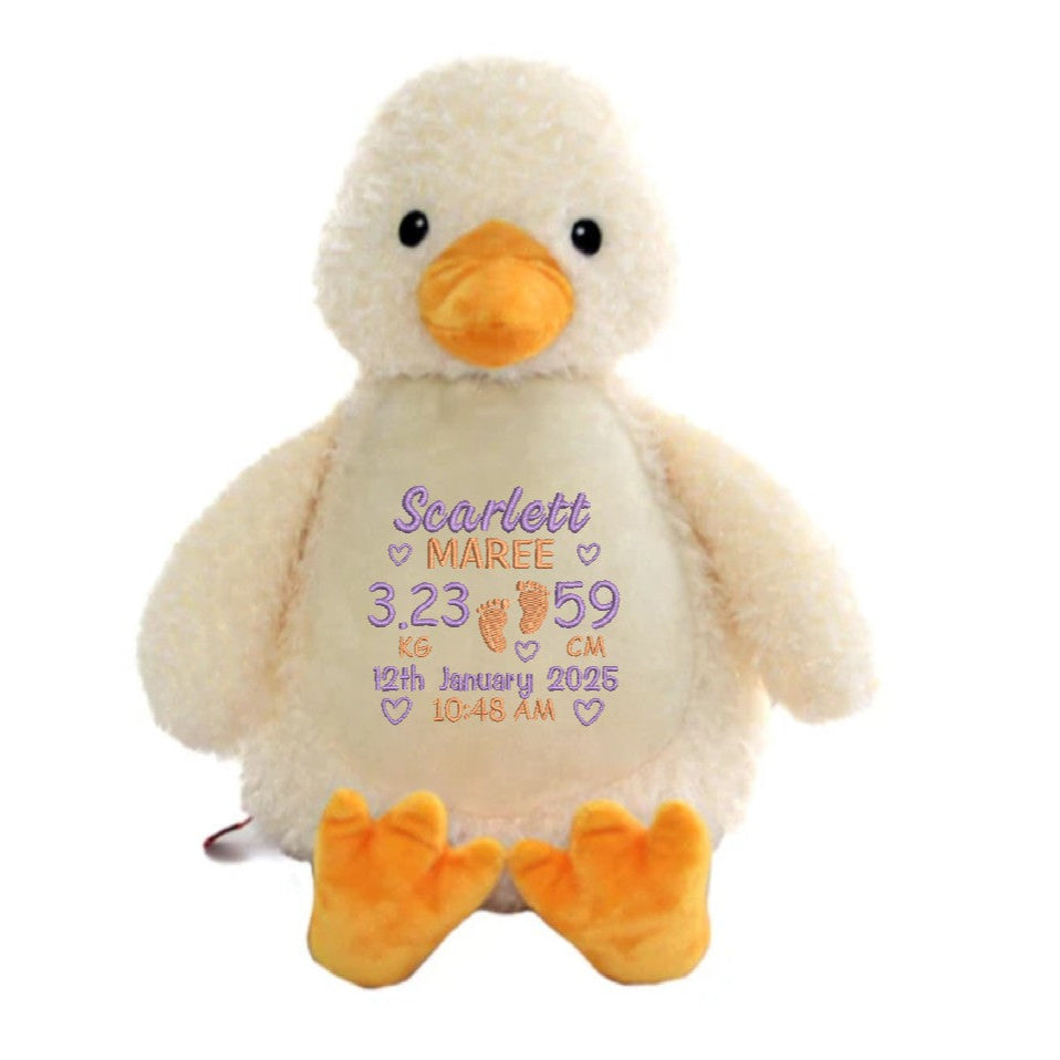 Duck cubby teddy embroidered with personalised birth block