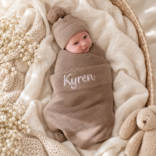 A newborn baby wrapped in a personalized taupe knit swaddle blanket with the name 'Kyren' embroidered in white, wearing a matching knit pom-pom beanie. The baby is lying in a woven basket lined with cream gauze, surrounded by dried baby's breath flowers and a plush teddy bear.