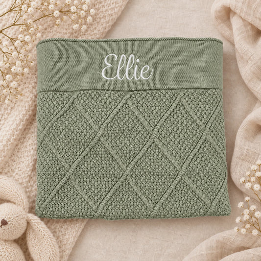 Sage Green Diamond Knit Bassinet Blanket with Ellie embroidered in Juniper font, white thread