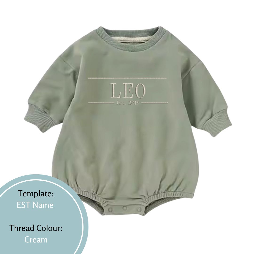 khaki green bubble romper embroidered with est date in cream thread