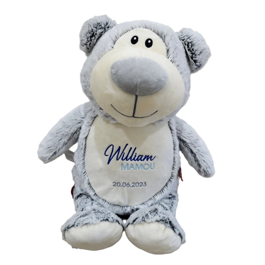 Grey Bear cubby teddy personalised with baby name embroidery