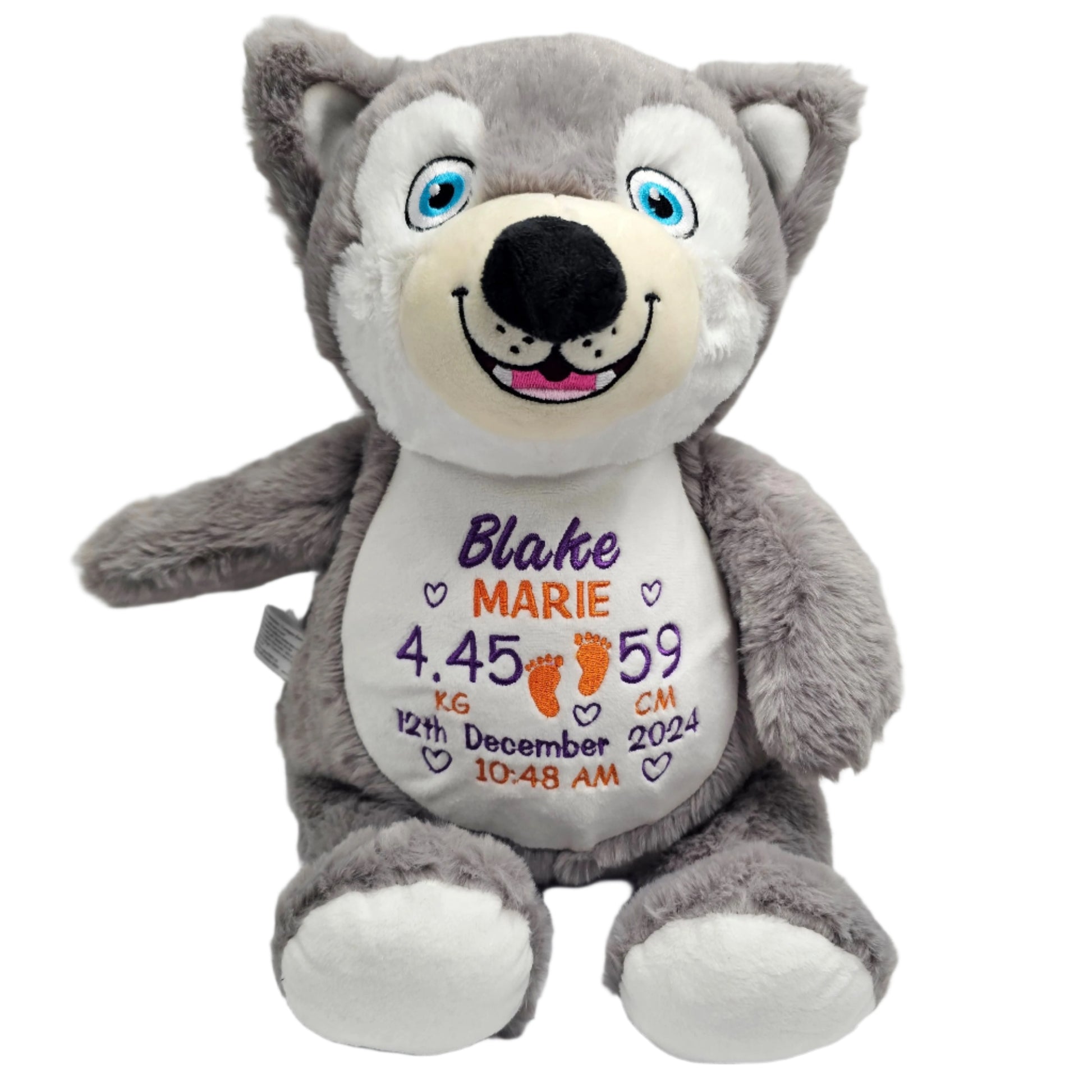 Husky dog teddy cubby personalised with embroidered birth block