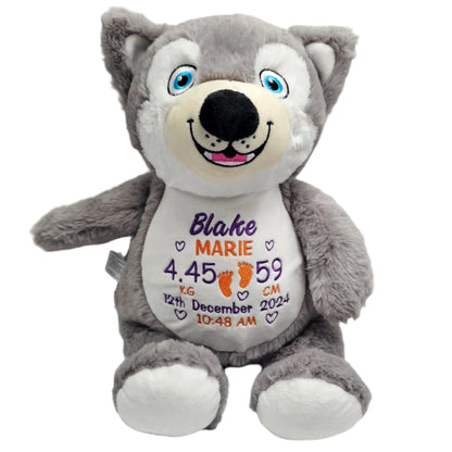 Husky dog teddy cubby personalised with embroidered birth block
