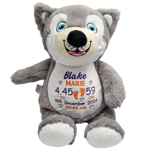Husky dog teddy cubby personalised with embroidered birth block