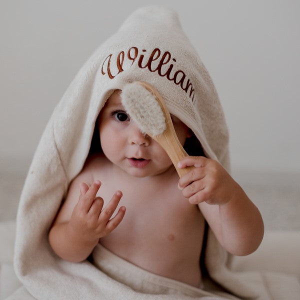 Ivory Hooded baby bath towel personalised with baby or child name embroidery with brown thread