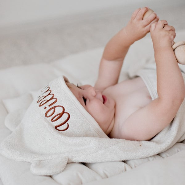 Ivory Hooded baby bath towel personalised with baby or child name embroidery with brown thread