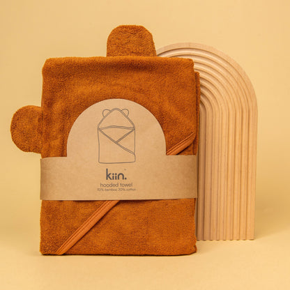 Tan Brown baby newborn hooded bath towel personalise name with embroidery