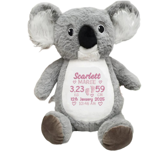 Koala Teddy cubby personalised with embroidered birth block